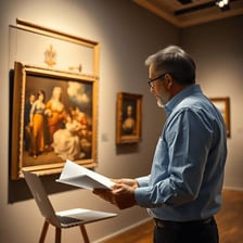 An appraiser carefully examining a painting to assess its value