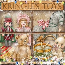 A toy shop window displaying dolls and other toys