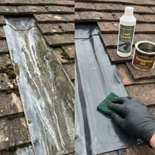 Strips of lead flashing on an old roof