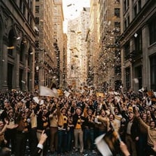 A large crowd gathered in a public square