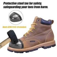 Close-up of a work boot showing its protective toe cap