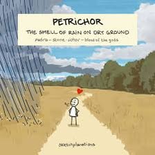 Wet earth and plants after rainfall, representing the smell of petrichor.