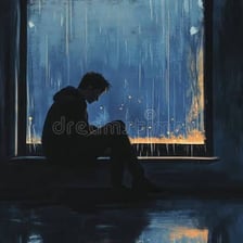 A person sitting quietly beside a rain-streaked window.