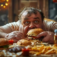 A person eating a meal quickly and eagerly.