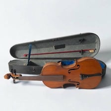 Several violin bows resting beside a fiddle