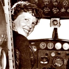 A portrait of aviator Amelia Earhart with an airplane