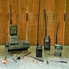 Amateur radio equipment with a microphone and controls