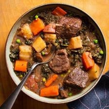 A bowl of hearty beef and vegetable stew