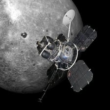 A spacecraft orbiter shown traveling around a planet.