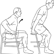 A person rising from a seated position to stand.