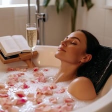 A bathtub filled with bubbles in a calming bathroom setting.