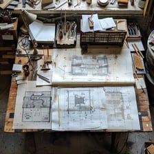 Plans and drawings spread across a work desk.