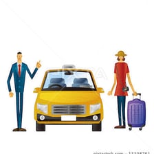 A city taxi cab stopped to pick up a passenger.