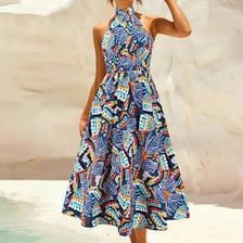 A sleeveless halter top displayed on a mannequin