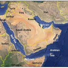 A map showing the Arabian Peninsula in the Middle East