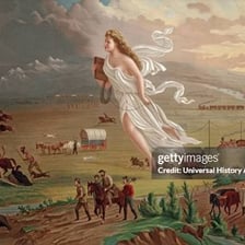 A pioneer figure leading an expedition through new territory