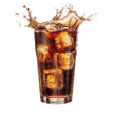 A dark carbonated cola served in a glass with ice.