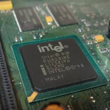 A computer processor chip installed on a motherboard