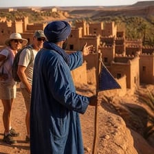 Travelers beginning a journey with bags at dawn.
