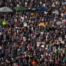A protest crowd holding signs expressing strong political views.