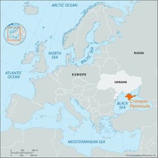 A map showing the Crimean Peninsula projecting into the Black Sea.