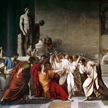 A dramatic depiction of Julius Caesar confronting his attackers.