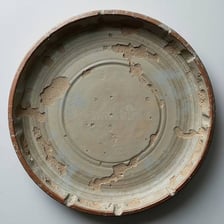 A ceramic plate with a small chip missing from its rim.