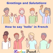 Two friends greeting each other in a French street scene.