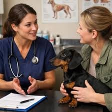 A veterinarian examining a dachshund