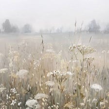 A delicate, mist-filled landscape with a light and airy appearance