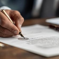 A property owner signing paperwork related to ownership.