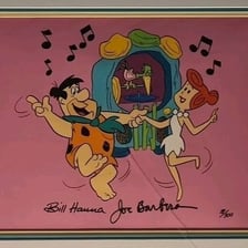 Animated characters Fred and Wilma Flintstone together.