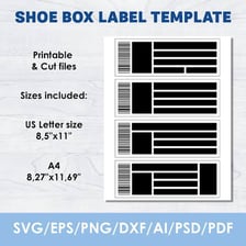 A shoe box bearing a printed shoe-size label