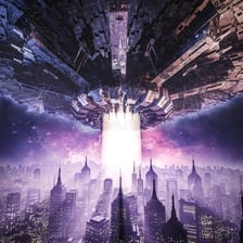 A futuristic science-fiction scene with a spaceship and city