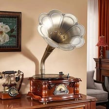 A vintage record on a turntable.
