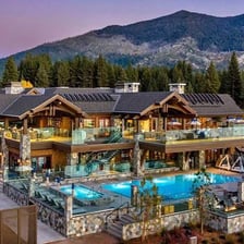 Lake Tahoe with mountain scenery and a lakeside resort area