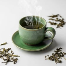 A cup of freshly brewed tea beside loose tea leaves