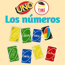 An educational card displaying the Spanish word “uno” for the number one.
