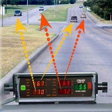 A police radar speed gun aimed at a passing car