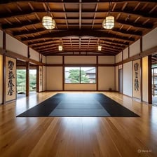 Students practicing martial arts inside a dojo