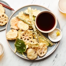 A platter of assorted Japanese vegetable tempura.