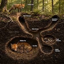A red fox near the entrance of its den in a wooded area
