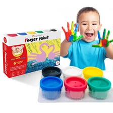A child applying colorful paint with a finger.