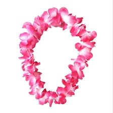 A colorful flower lei arranged as a necklace.