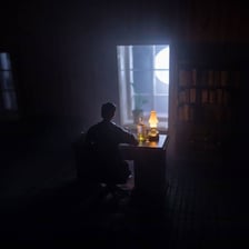 An interior room illuminated by very low light