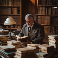 A scholarly person reading among books in a library.