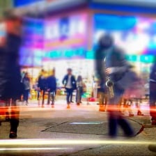 A busy street scene representing multiple sounds