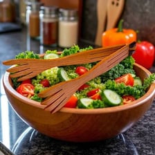 Serving tongs placed beside a bowl of salad.
