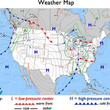 A weather map showing curved lines of equal atmospheric pressure