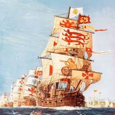 A large fleet of ships sailing together at sea.